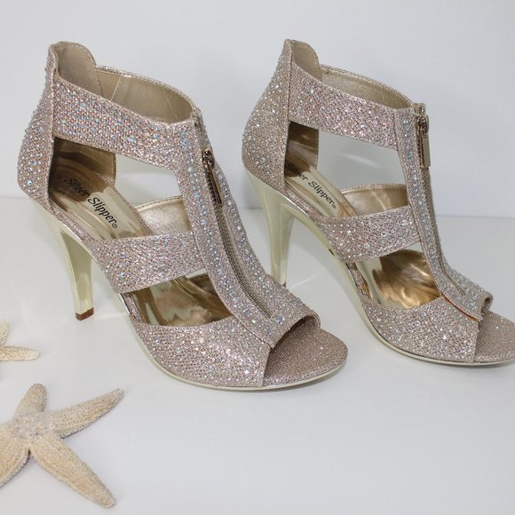 Shoes - Silver Slipper Metailic Gold Sparkle Heels